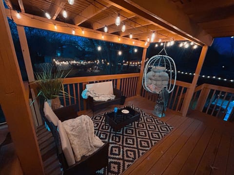 Covered Deck Lounge with Cozy Seating & Hanging Chair