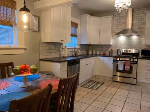 Gas stove with stainless appliances. Perfect for prepping meals if you don't feel like going out!
