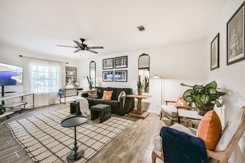 This cozy space has a sleeper sofa, ceiling fan, Smart TV with fast wifi streaming