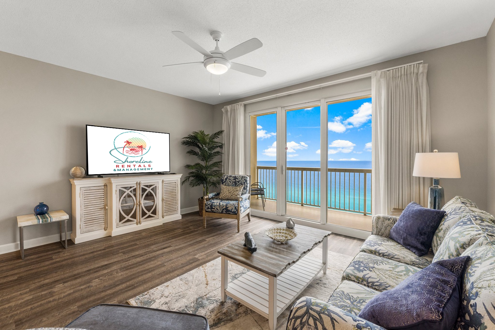 Living room with a queen sleeper sofa, flat-screen smart TV, and stunning views.