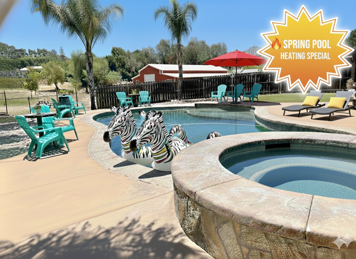 Seasonal heated pool overlooking the ranch — perfect for relaxed wedding weekends and family gatherings in Ramona wine country.