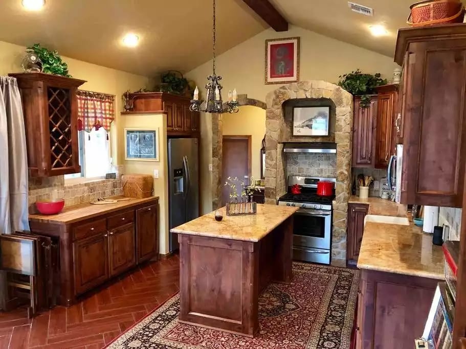 View from the living area into the kitchen and entry
