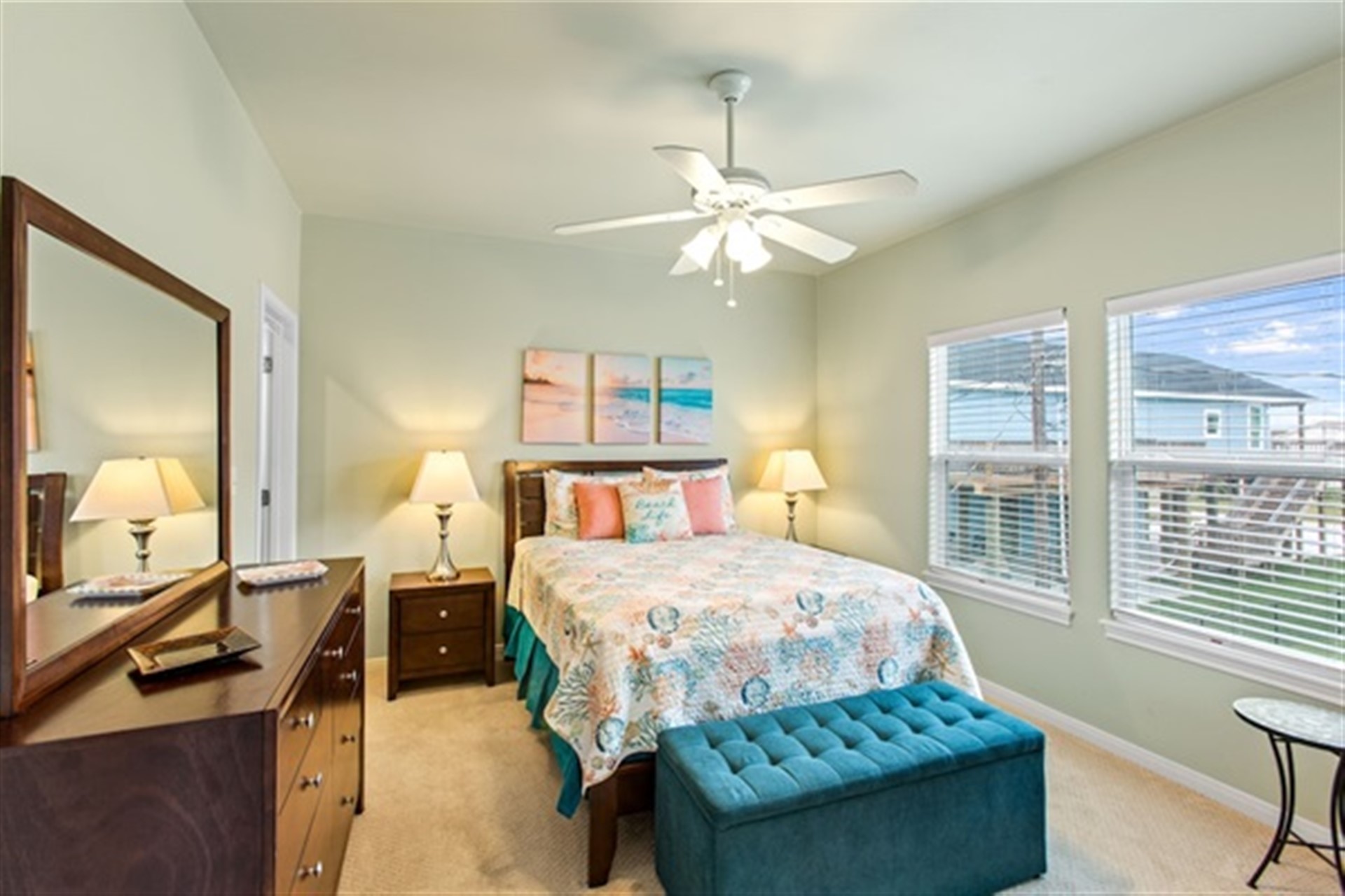 The soft, tranquil colors and comfortable bedding invite you to sink in and dream sweetly, ensuring you wake up feeling refreshed and energized. Coral Breeze