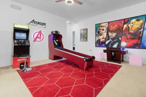 Upstairs Marvel Themed Game Room with 4 Arcade Video Games and Skee Ball!