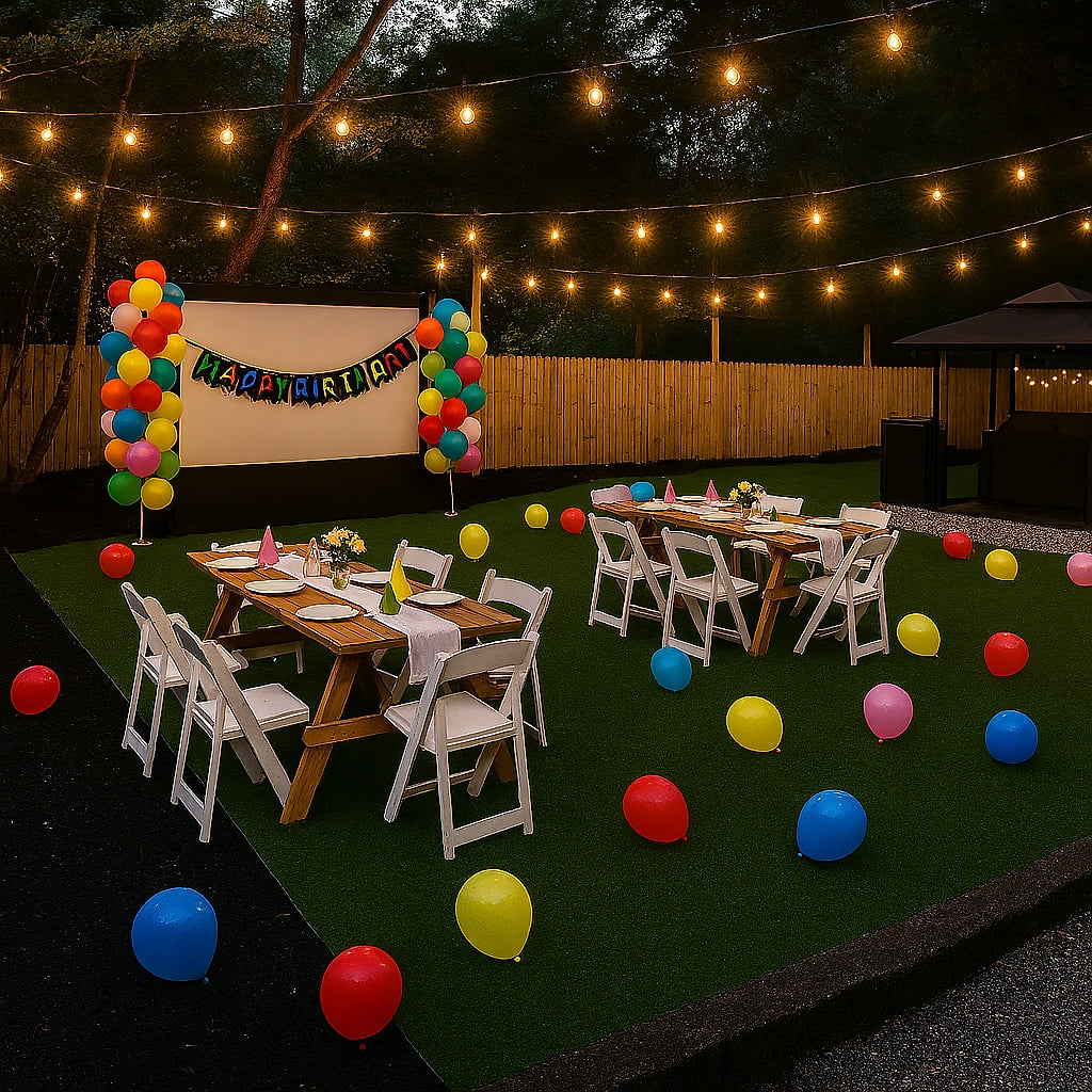  Visual concept created with AI to spark imagination 
 Celebrate under the stars with balloon garlands, party hats, and a glowing backyard setup, perfect for birthdays, milestones, or just making memories.