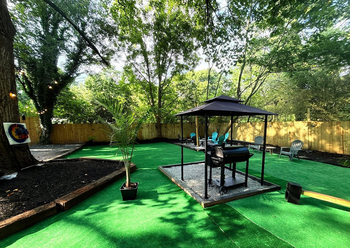 The Ultimate Backyard Hangout 
Fire pit, charcoal grill, string lights, Adirondack chairs, tiki lamps & axe-throwing, your setup’s locked in. Just bring firewood, charcoal + starter, tiki citronella oil & your crew to kick back and make it yours.