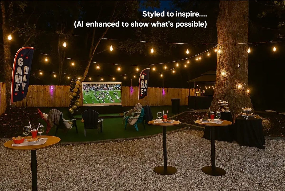 Game on. Lights up. Vibes high. 
Your Private Backyard. Your crew. Your Favorite Game. One epic night, built for touchdowns, cold drinks, and stories that outlast the scoreboard & final whistle.
Styled to inspire, AI-enhanced to show what’s possible