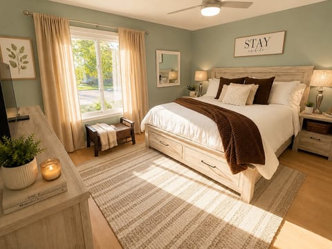 King SUITE! Calm, Spacious and inviting, this KING bedroom features a plush KING-sized bed, with new bedding , dresser and 2 nighstands offering comfort and style for a restful night’s sleep in a beautifully designed space.