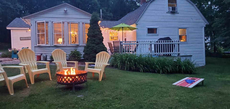 Campfire deck in evening.