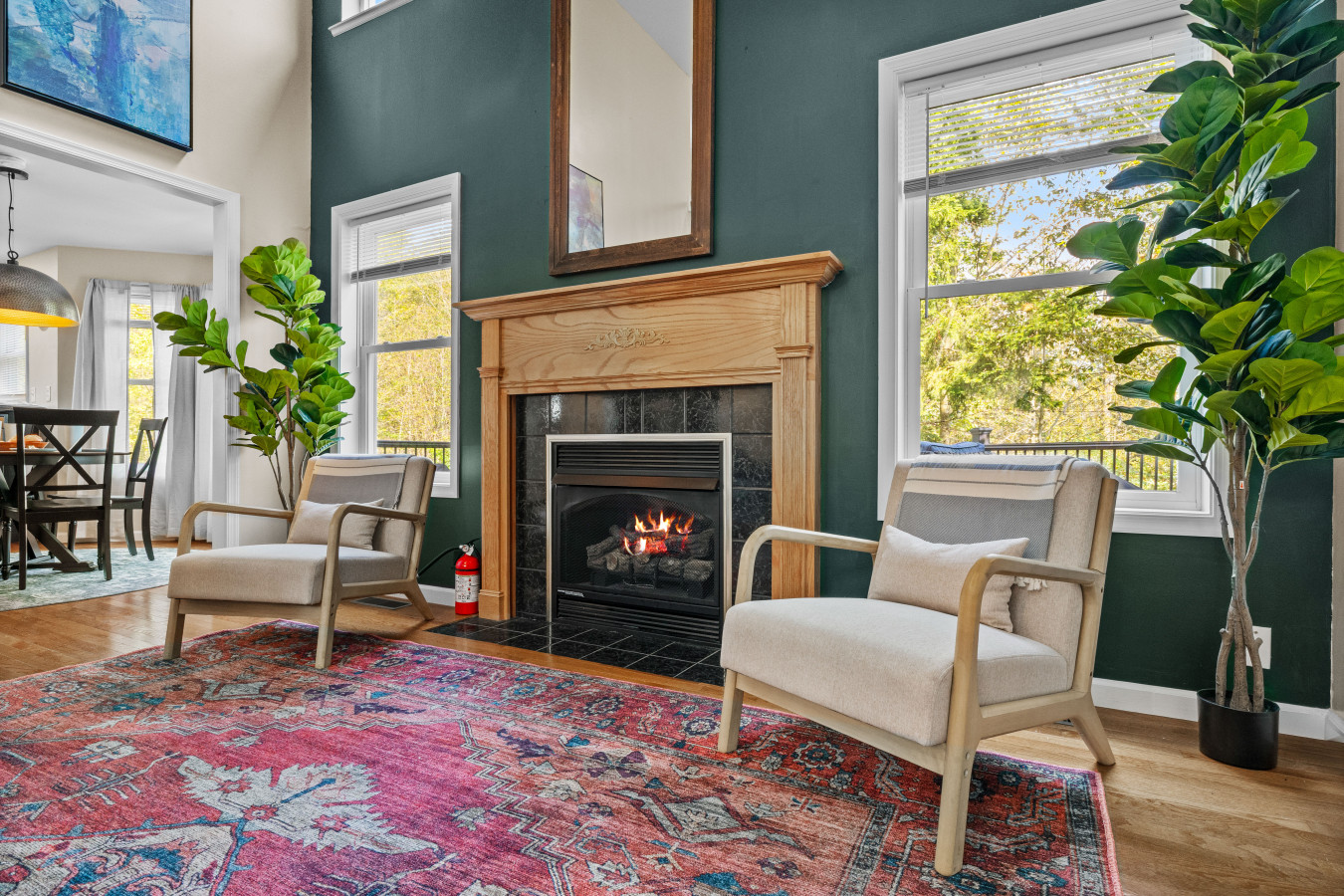 Snuggle up by the cozy fireplace.