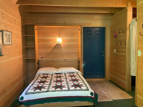 Twin Murphy Bed with shelving above the bed and on the wall. There is a small ledge which holds a power outlet.