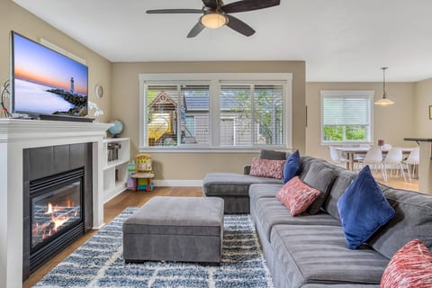 Living room where you can keep an eye on the kids in the backyard