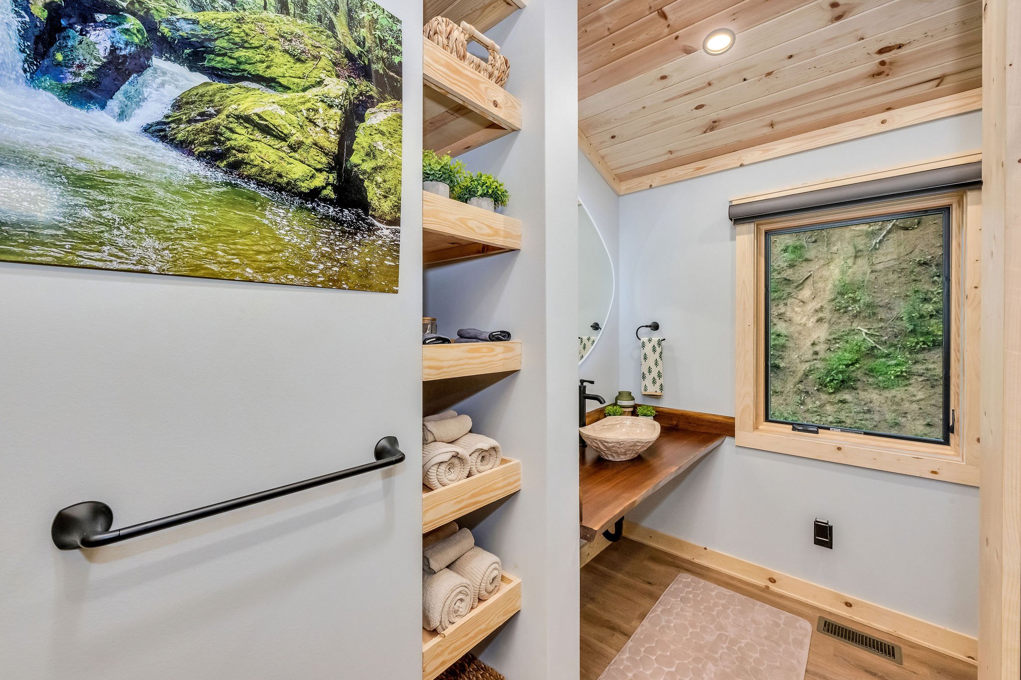 Bathroom Shelving with Towels and Sink Bathroom Shelving with Towels and Sink - High Peak Aframe Cabin - West Jefferson