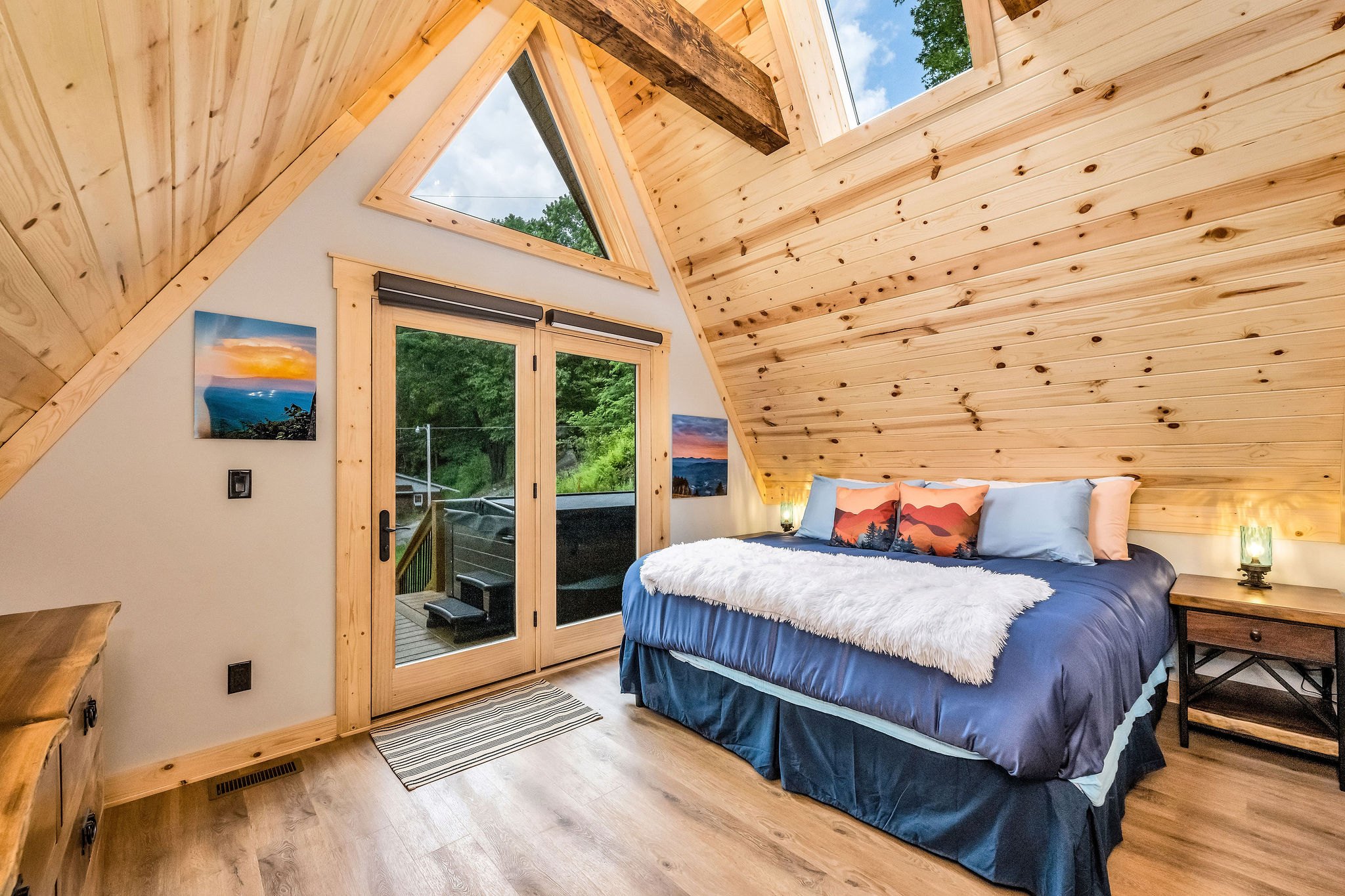 Bedroom view to bach deck Bedroom view to bach deck - High Peak Aframe Cabin - West Jefferson