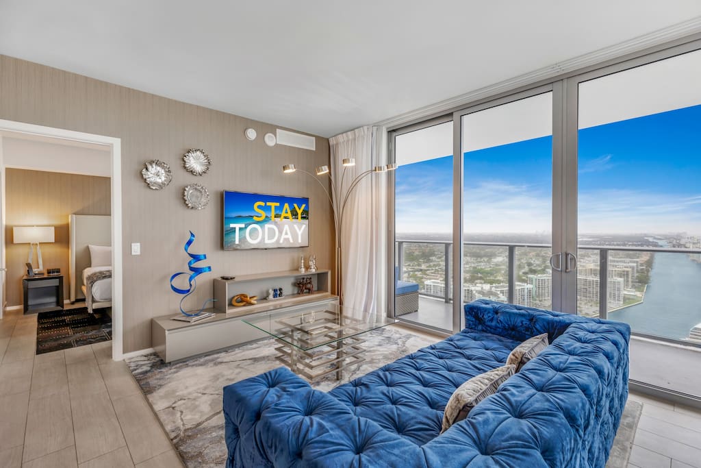 The living area has a smart TV.