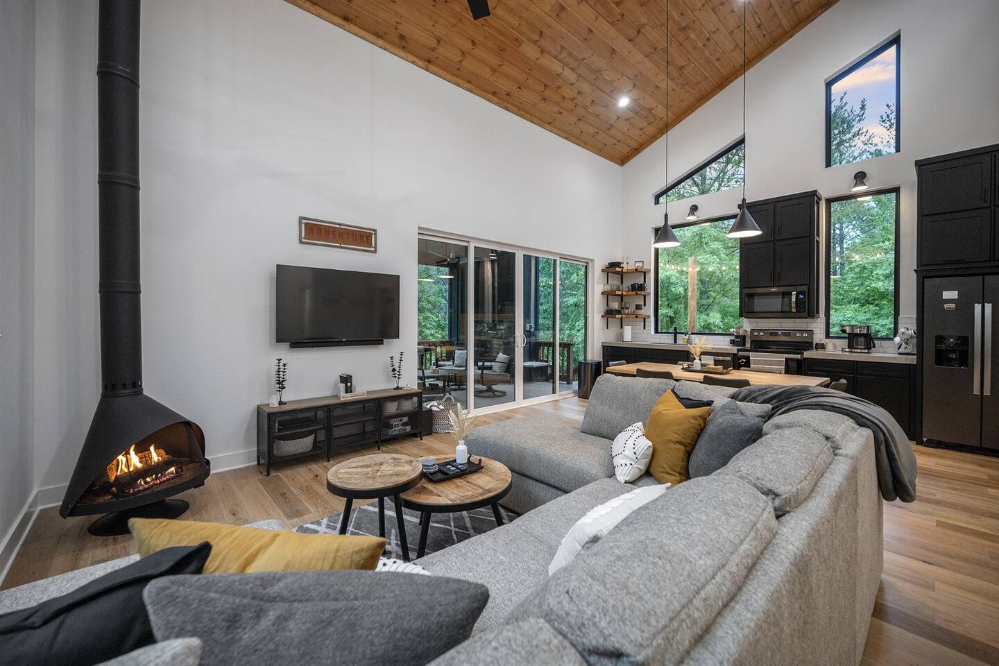 Comfortable seating around free-standing, stove style fireplace