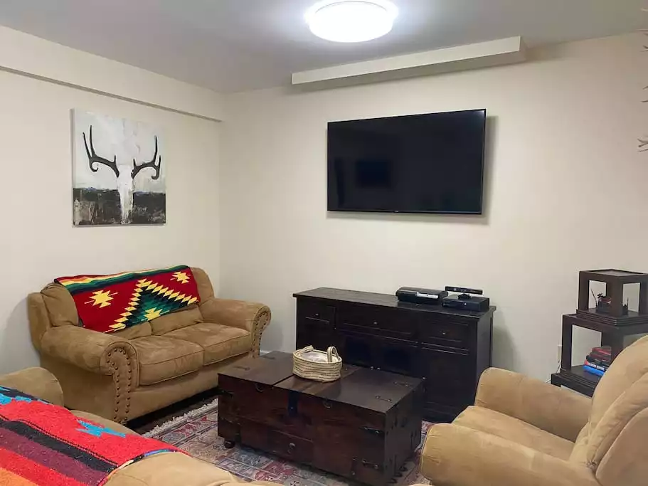 Basement with TV with firestick  - playstation and Xbox - Lake Wallenpaupack Loghome  Heavens Haven hot tub  - Greentown
