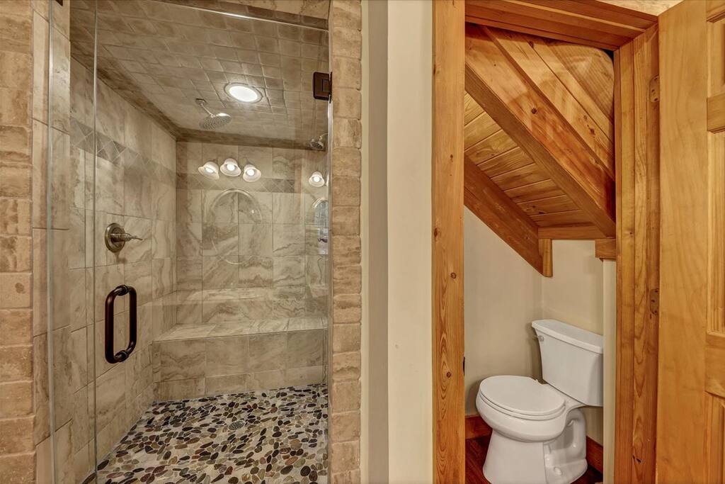 Large master shower with dual shower heads - Luxury Cabin with Dock & Hot Tub - Gainesville