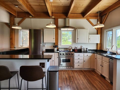 Kitchen with Viking 4 burner propane range and island seating for 6