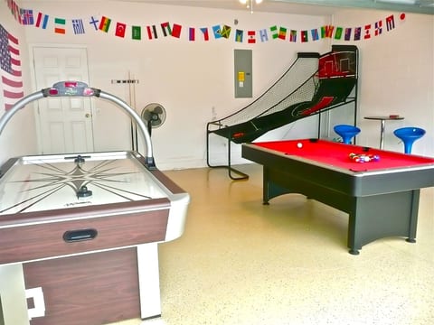 Games room with Pool table, Air hockey, and basketball game