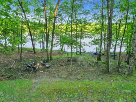 Lakefront adventure awaits: campfire circle, cozy seats, crackling flames, and nature's tranquility by the water.