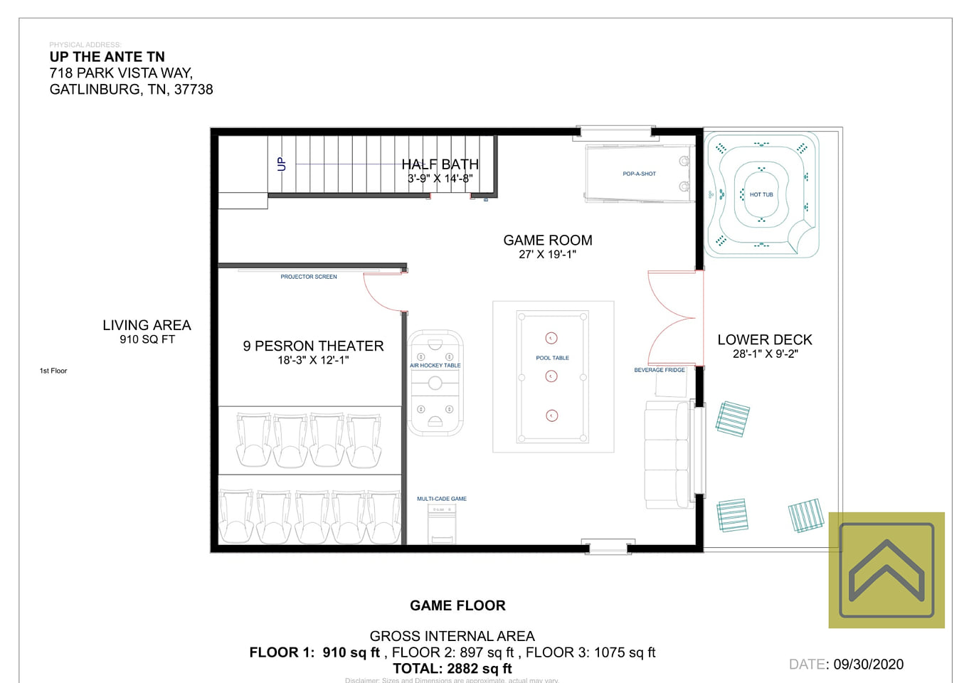Game Floor 2D Floorplan - includes full size slate pool table, head-to-head Pop-a-shot basketball, multicade arcade game, air hockey, bev fridge, pullout couch, 65" Smart TV, 9 person theatre, half-bath and 8 person hot tub on the deck!