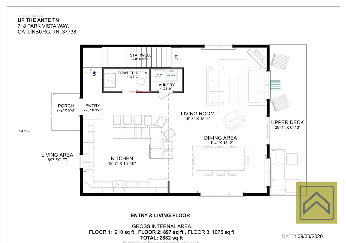 Entry Floor 2D Floorplan. Main entry floor with large deck and outdoor lounge, kitchen, dining, living room, full-size laundry and a half bathroom.