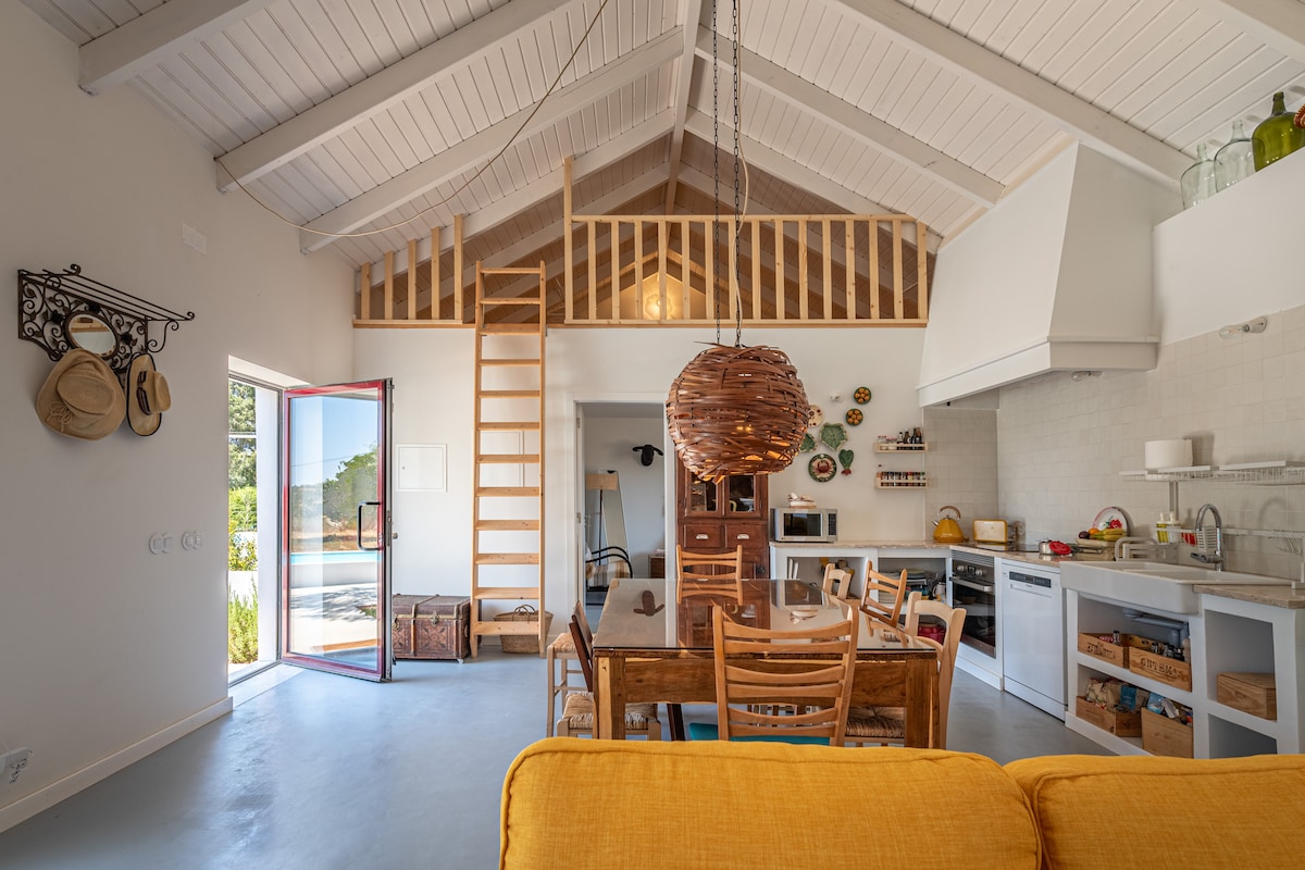 Open plan living with dining area (seating 8), lounge area with two sofas, reading nook, sound system (SONOS speaker) and TV (for streaming) 