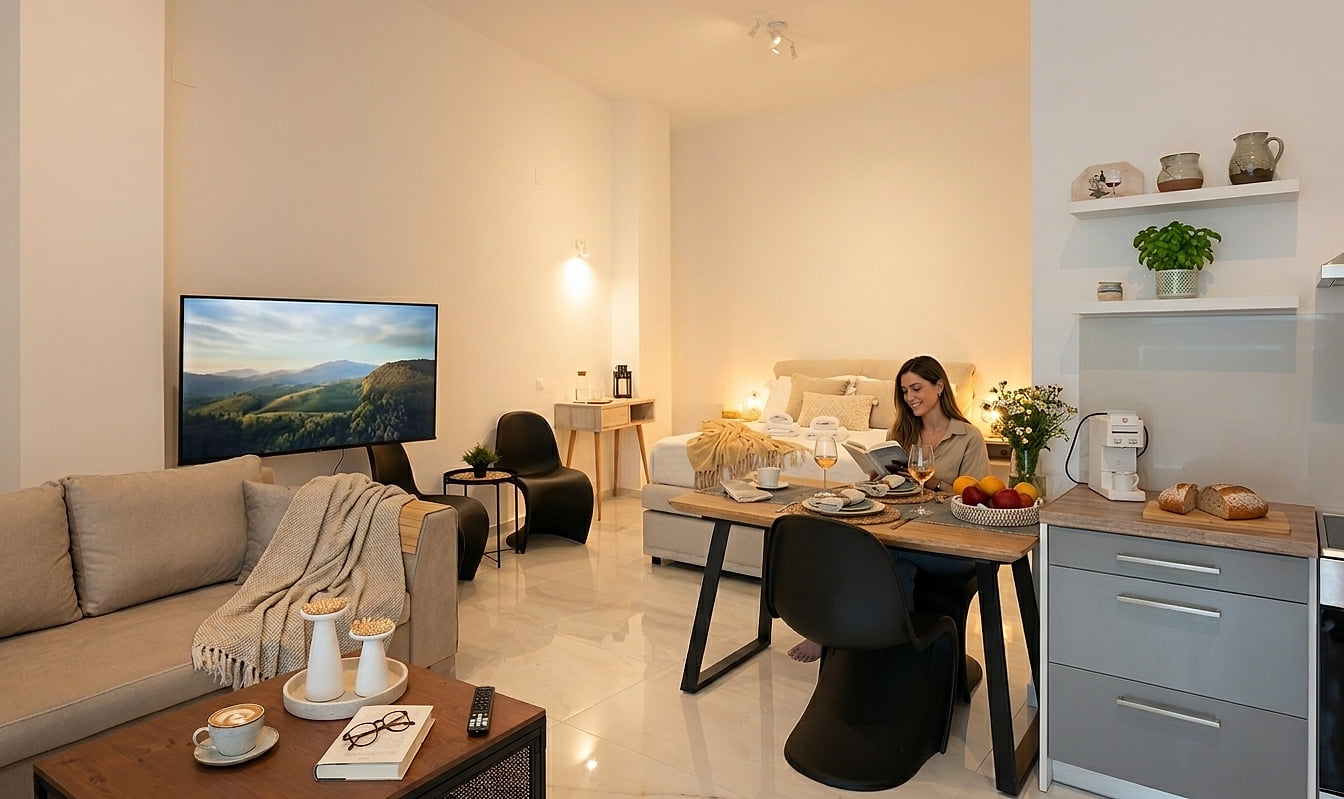 Bright modern studio with TV lounge, dine-in kitchen, and cozy bed