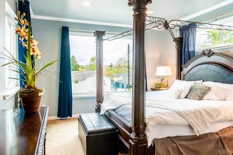 Master bedroom canopy bed with lots of natural light!