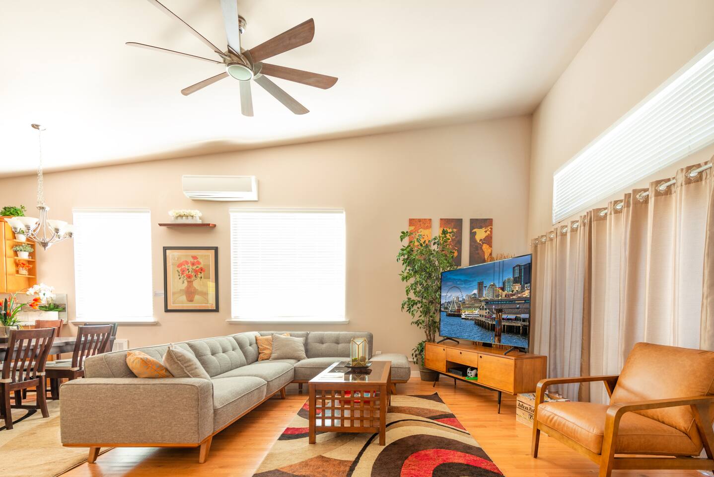 Sit back, relax on the large sectional, and watch your favorite shows, movies, or play XBOX games on the 75 inch smart TV! Stay cool during summer months with the large ceiling fan and air conditioner!