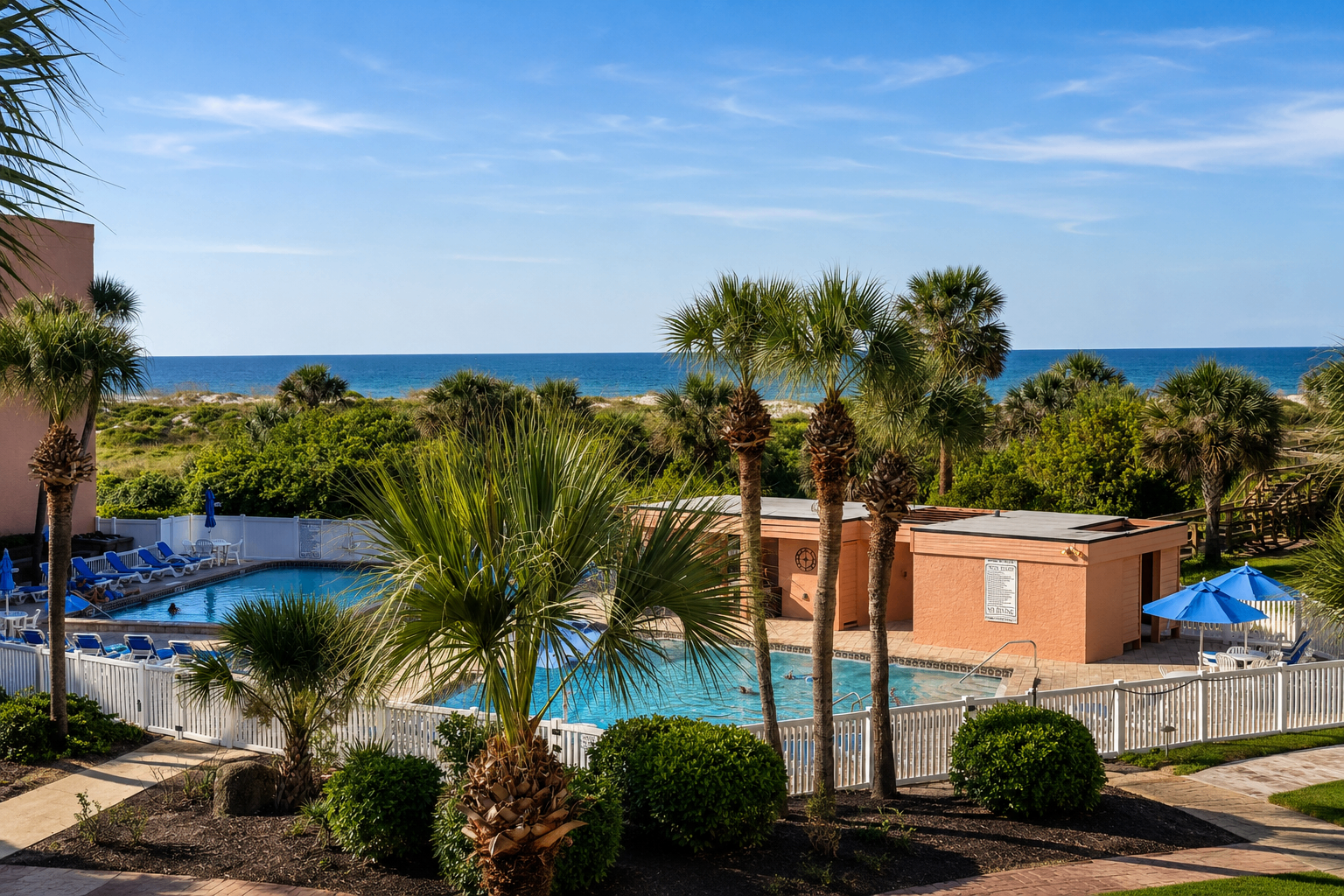 Private balcony with ocean views overlooking the pools and direct boardwalk access to beautiful St. Augustine Beach.