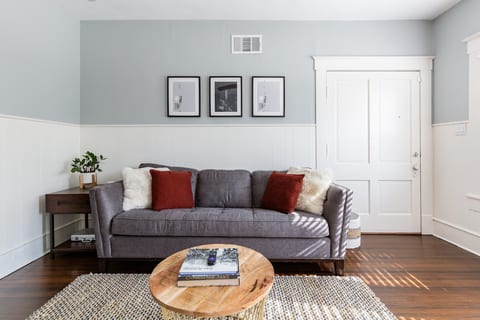 The sofa has a queen-sized pullout bed with a thick memory foam mattress.
