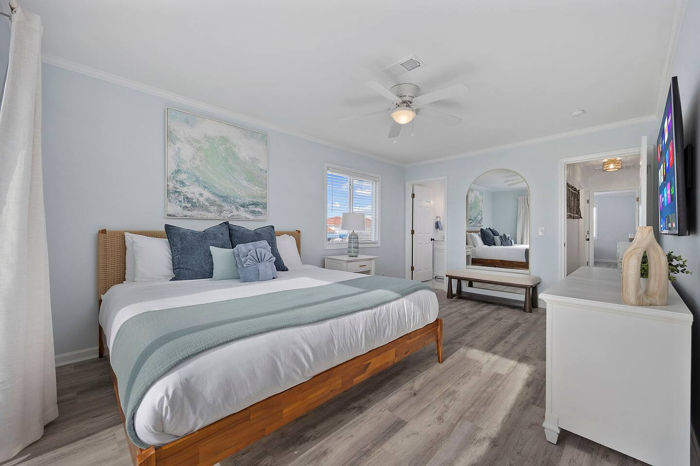 Drift into deep relaxation in this serene bedroom, where the plush bed invites slow mornings, peaceful naps, and effortless unwinding in total comfort.