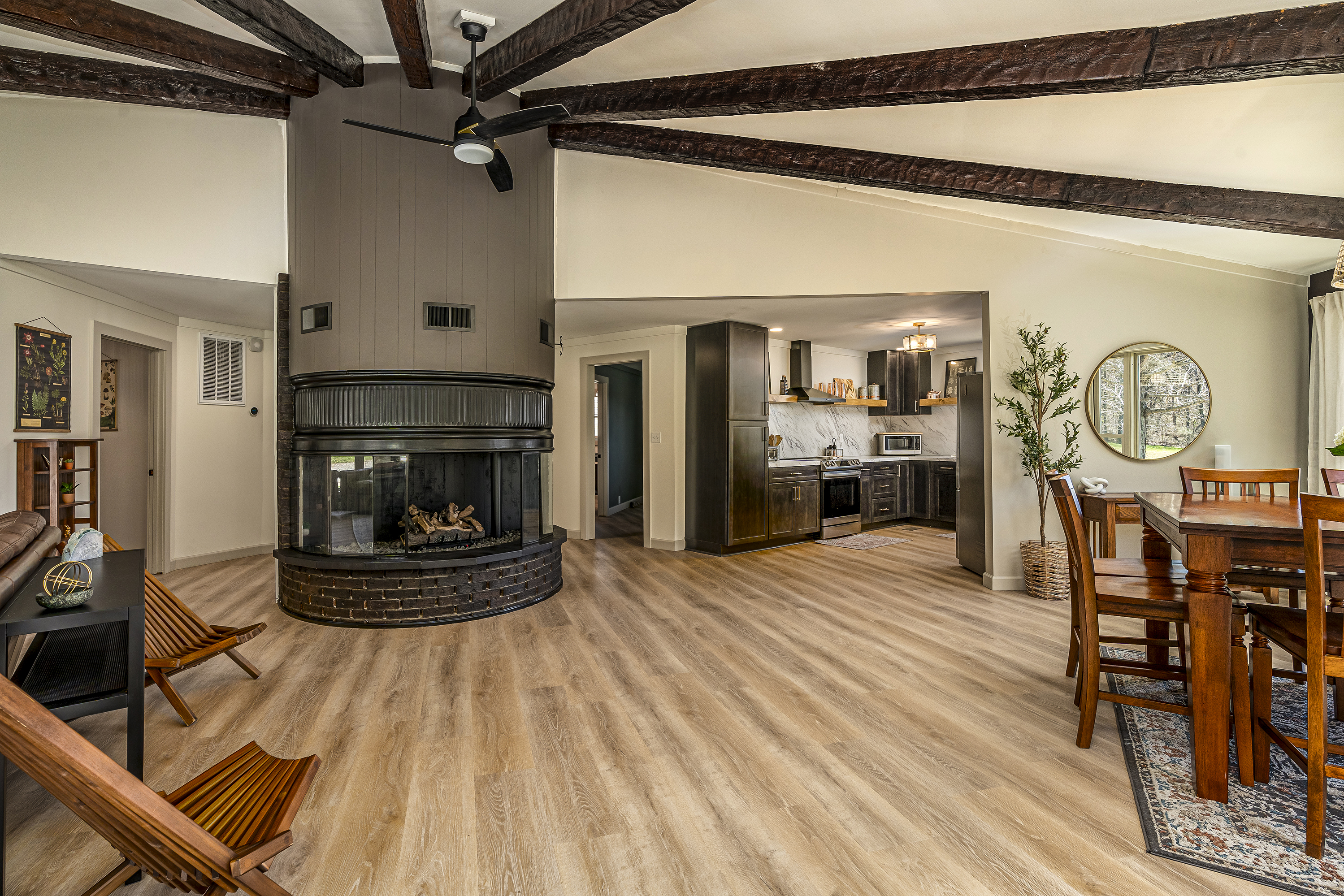 walk in to a stunning central fireplace