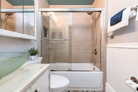 Indulge in the bathroom's shower and bathtub combo, complete with a functioning mirrored cabinet and sink. A space designed for both rejuvenation and functionality.