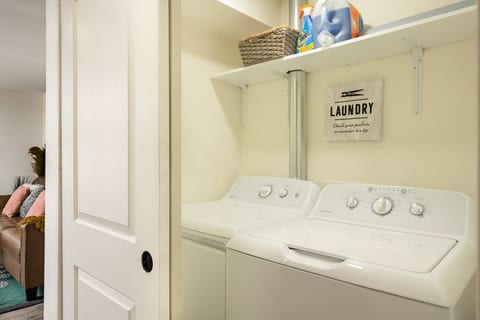 Full laundry setup with detergent and dryer sheets provided — convenient for longer stays or freshening up after a hike.