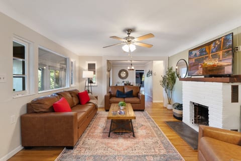 Cozy seating around the large screen smart tv