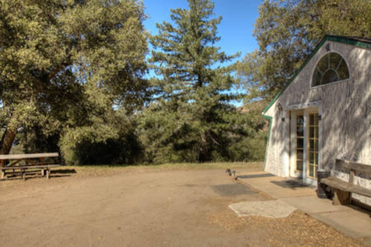Picnic tables outside of bunkhouse