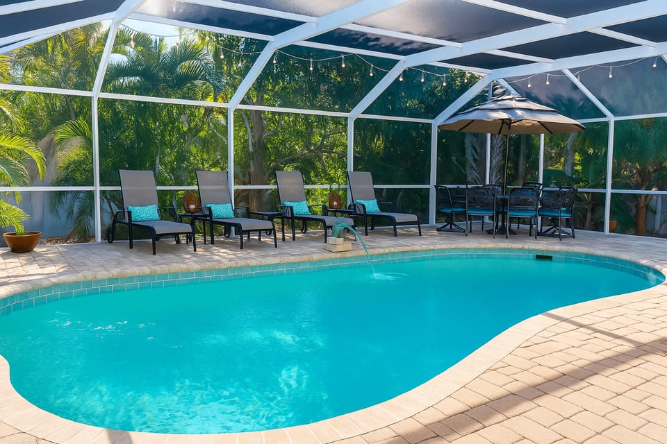 Screened in patio, table with seating for 8 and 2 bedrooms look out onto pool as well as the main living space.