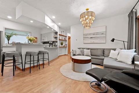 Modern open-concept kitchen with breakfast bar and cozy living area
