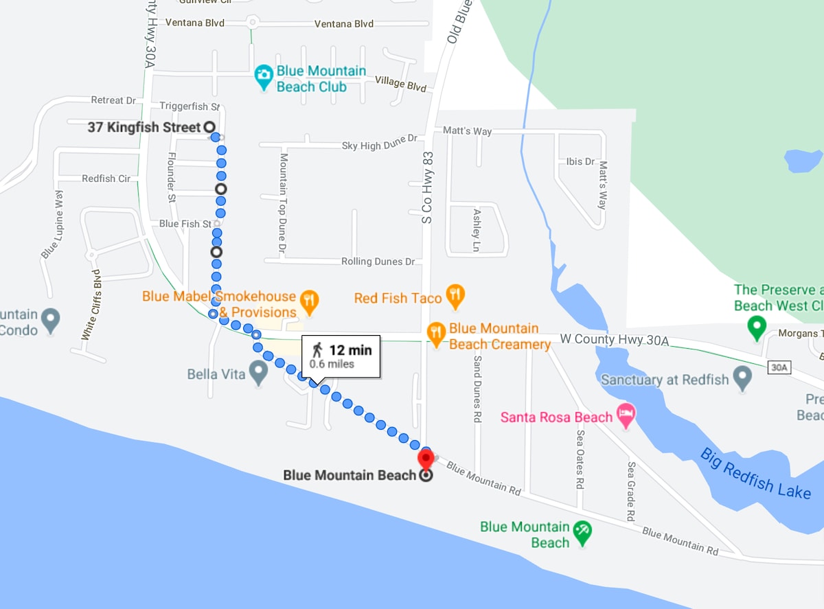 Easy walk or bike ride to public beach (0.6 miles south of house). Take Marlin St south to Dune Side Ln and left on Hwy 30A, cross street to Blue Mountain Beach Rd.