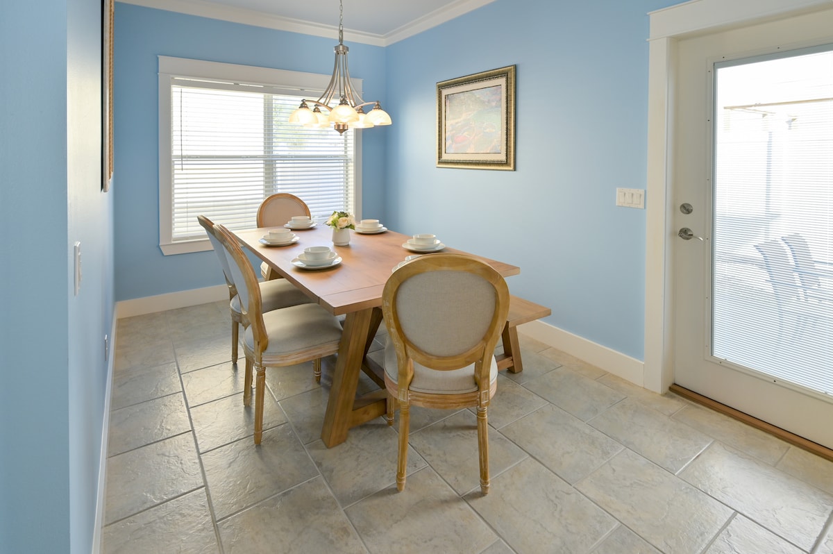 Beautiful solid wood dining table that can seat up to 7 with long bench.