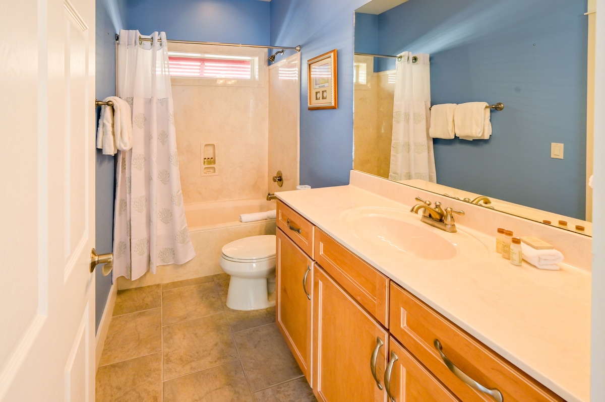 Downstairs bathroom with tub and shower.