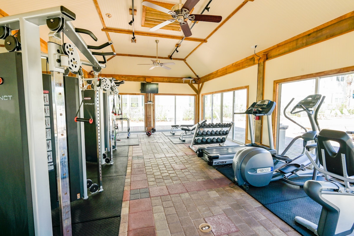 Fully equipped gym at The Village at Blue Mountain Beach. 