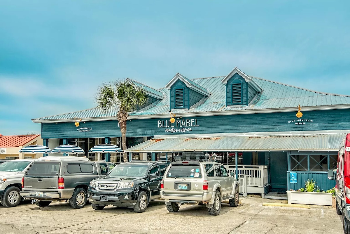 Enjoy a delicious brisket sandwich at Blue Mabel Smokehouse (0.4 miles south of house)