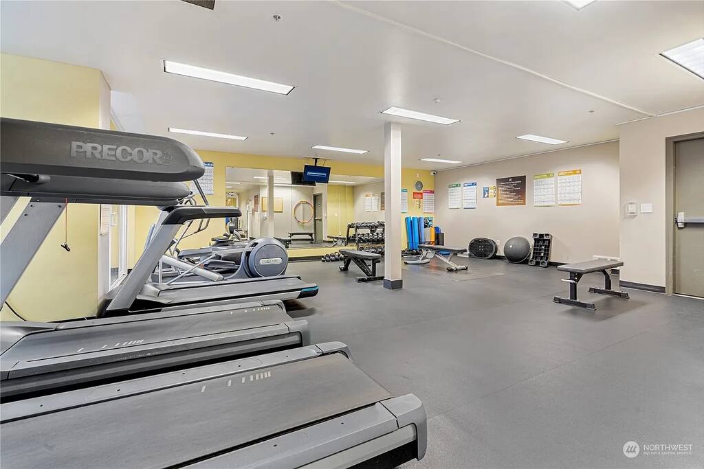 The gym has a lot of room and several pieces of equipment, so no one has to wait long to exercise. 