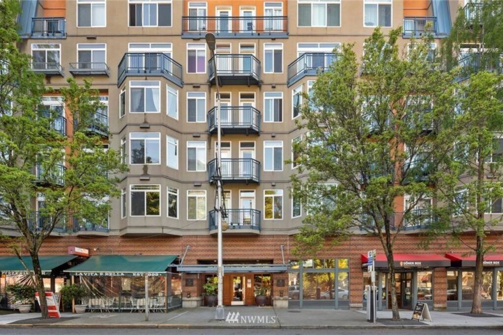 Numerous restaurants line the bottom floor of the building