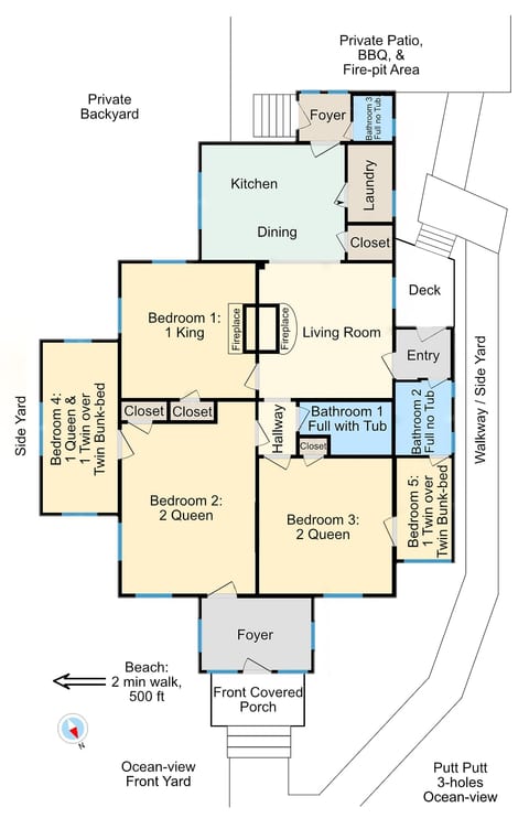 Spacious 5BR beach retreat with ocean views, patio, fire pit, and quick beach walk