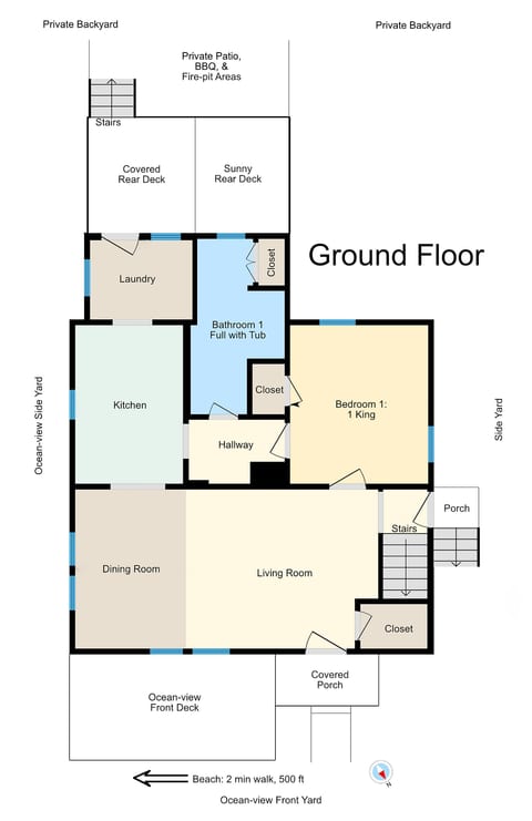 Dazzling Centrally Located Ocean View w 2 Kings, Huge Private Yard, 2 Decks, Firepit, BBQ